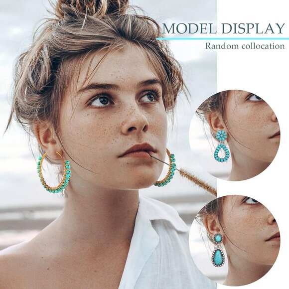 12 Pairs Turquoise Earrings Set Boho Dangle Studs for Women Stylish Jewelry - Picture 3 of 5